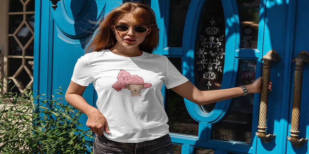 'Lady in Pink Hat' Graphic T-Shirt in White