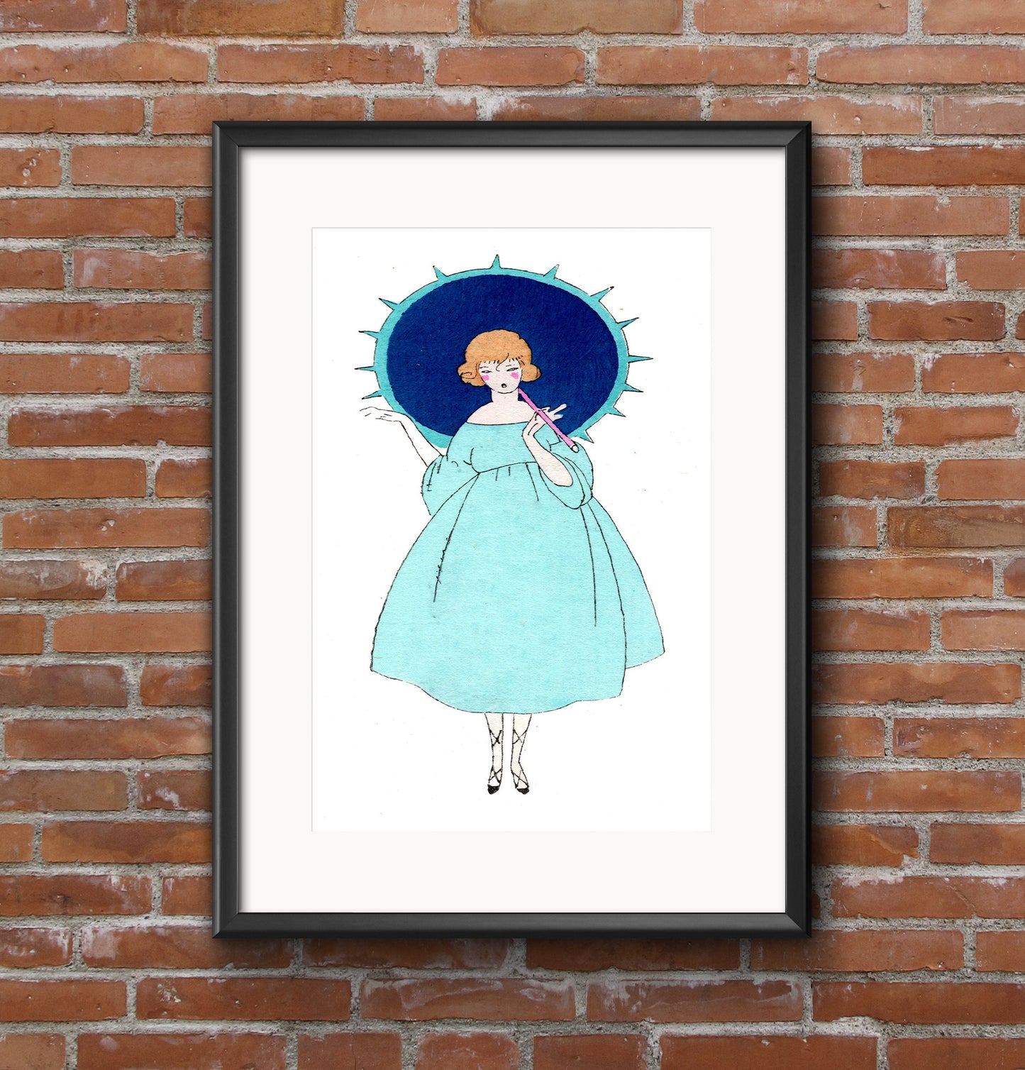 'Lady with Umbrella' Blue and White A2 Poster